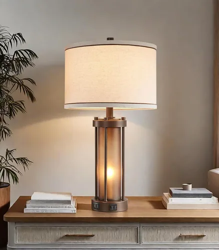 Miniatura 11 de Lámparas de mesa modernas para sala de estar, lámparas industriales de mesita con 2 puertos USB, lámpara rústica de mesita con luz nocturna