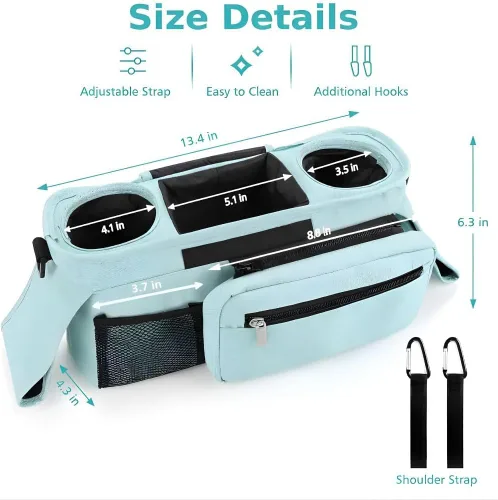 Miniatura 4 de Organizador de cochecito con portavasos aislados, organizador universal azul para cochecito de bebé con bolsillo desmontable para teléfono