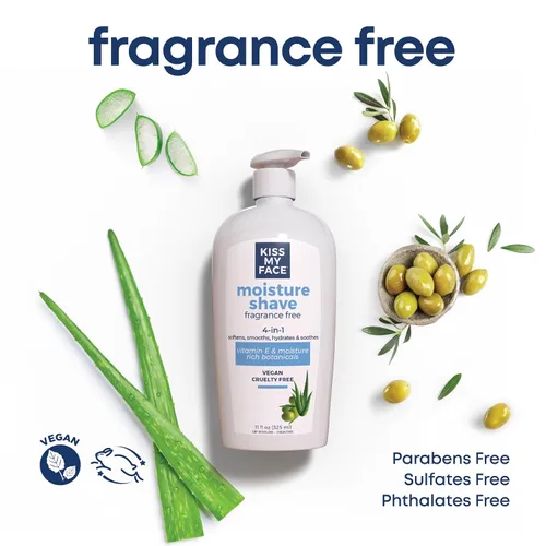 Miniatura 2 de Kiss My Face Crema de afeitar humectante sin fragancia, Crema de afeitar 4 en 1, libre de crueldad y vegana, con aceite de oliva añadido y extracto
