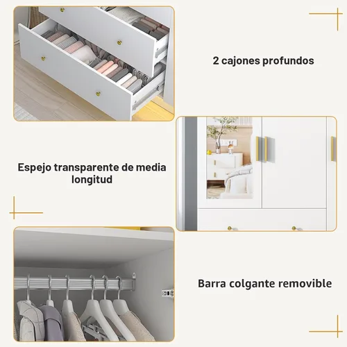 Miniatura 4 de Armario de 3 puertas con espejo, armario LED con puertas y cajones, armario de almacenamiento de madera con barra para colgar, estantes ajustables