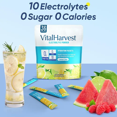 Miniatura 4 de VitalHarvest 36 sobres de electrolitos en polvo sin azúcar, paquetes de hidratación, bebida líquida de electrolitos para IV diaria, con sabor a lima