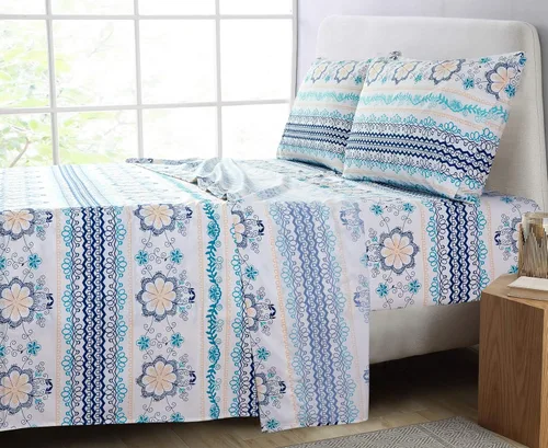 Miniatura 4 de JSD - Juego de sábanas tamaño queen de microfibra suave con estampado floral bohemio azul, 4 piezas, esquinas tipo bolsillos extraprofundos Floral 3