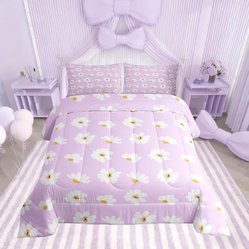 Castle Fairy Daisy Florals Comforter Set Twin Size,Hippie Flowers Bedding Set,Kids Boys Adults Bedroom Decor,70s Retro Floral Super Soft Duvet