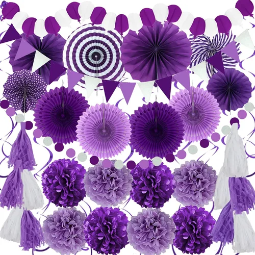 Miniatura 12 de ZERODECO - Decoraciones de fiesta, 41 piezas de abanicos de papel negros y rojos, pompones, guirnaldas, hilo, papel de seda y borlas para Negro Rojo