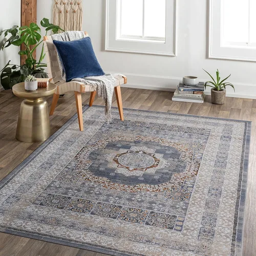 Miniatura 34 de NAAR PAYAS Collection - Alfombra de área de 6 x 9 pies, diseño de medallón crema y azul, no se desprende, resistente a las manchas, para sala