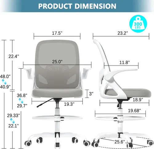 Miniatura 2 de Kensaker Silla de redacción alta, silla de escritorio ergonómica de pie con anillo ajustable para el pie y reposabrazos abatibles, silla de Gris