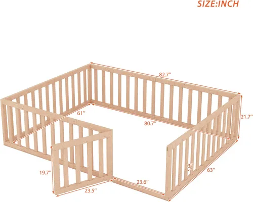 Miniatura 2 de Bellemave Cama de suelo para niños, marco de cama Montessori tamaño Queen con barandillas de valla para niños, camas de madera para niños y niñas