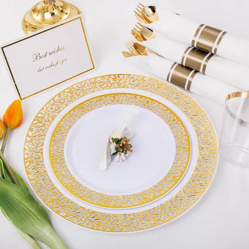 Miniatura 3 de WELLIFE Juego de vajilla para 50 invitados, platos de plástico dorados, platos para Fiestas elegantes Desechables incluyen: 50 platos llanos, 50