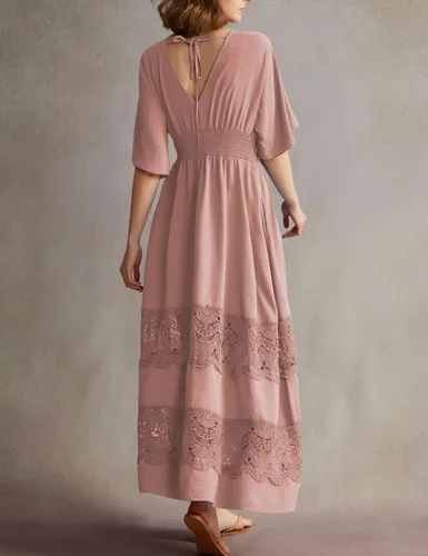 Miniatura 20 de Vestido largo de encaje para mujer de manga corta y cuello en V, vestido de fiesta estilo bohemio con cintura fruncida, vestido bohemio para mujer