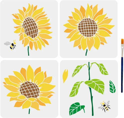 MAYJOYDIY 4 plantillas grandes de girasol de 12.4 x 21.7 pulgadas, plantillas de abeja de girasol con pincel de pintura, plantilla de girasol