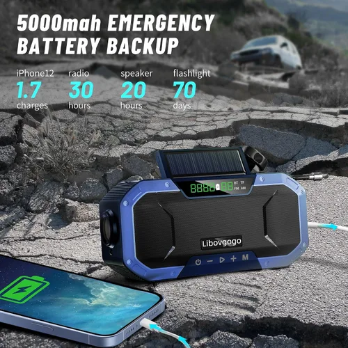 Miniatura 4 de Radio solar de emergencia con manivela Bluetooth, impermeable, portátil, NOAA, meteorológica, radio AM FM, cargador de teléfono, linterna de viento