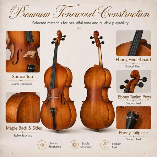Miniatura 2 de Kit de violonchelo acústico 4/4 para adultos, principiantes, juego completo de violonchelo de tamaño completo con bolsa portátil, arco, colofonia