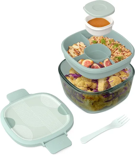 Miniatura 21 de Bentgo Recipiente de Ensalada de Vidrio Todo en Uno - Ensaladera Grande de 61 oz con Tapa, Bandeja Estilo Bento de 4 Compartimentos, Recipiente