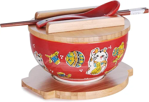 Miniatura 9 de Happy Sales HSKM-CHRYB8, juego de tazón para ramen, fideos de arroz estilo vintage japonés Kamameshi con tapa de bambú, esterilla, palillos