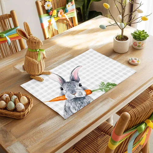 Miniatura 2 de Easter Placemats Funny Rabbit Carrots Place Mats for Dining Room Dinner Table Leaves Retro Washable Table Mats Spring Easter Day Kitchen Decorations