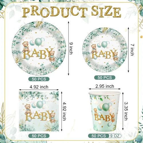 Miniatura 4 de Juego de 200 piezas de vajilla para fiesta, patrones impresos, servilletas, tazas, decoraciones de mesa para baby shower, fiesta de cumpleaños (oso)