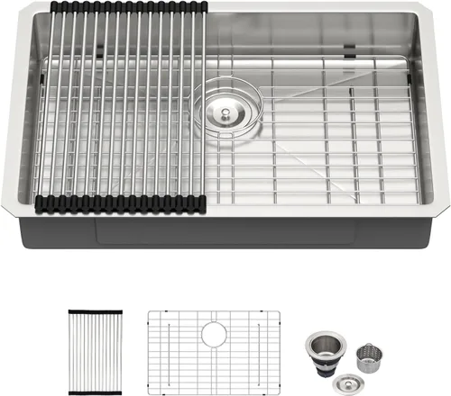 Miniatura 43 de Kichae fregadero de cocina bajo encimera de 32 pulgadas, de un solo tazón, de acero inoxidable, calibre 16, de esquina redonda, hecho a mano