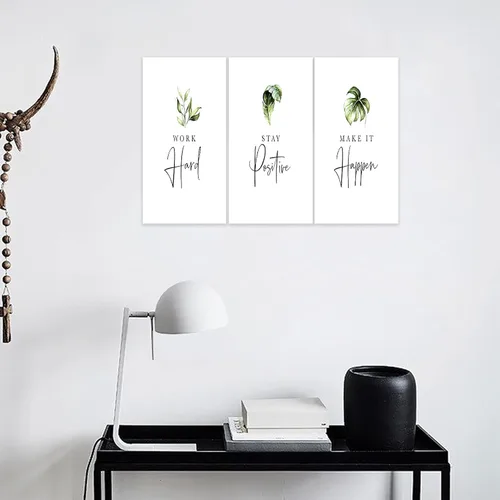 Miniatura 4 de Arte de pared inspirador de 3 piezas, imagen de refranes de plantas blancas, citas de trabajo y estadía, impresiones en lienzo para decoración
