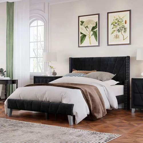 Miniatura 3 de Marco de cama tapizado de terciopelo contemporáneo con acolchado de canal y ribete de cabeza de clavos, no necesita somier (negro, matrimonial)