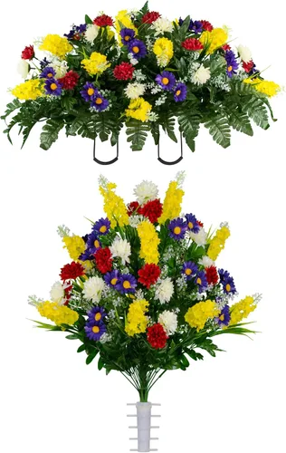 Miniatura 23 de Sympathy Silks Flores artificiales para cementerios – Decoraciones para tumbas - 1 ramo de flores silvestres de violeta púrpura y naranja, 1 montura