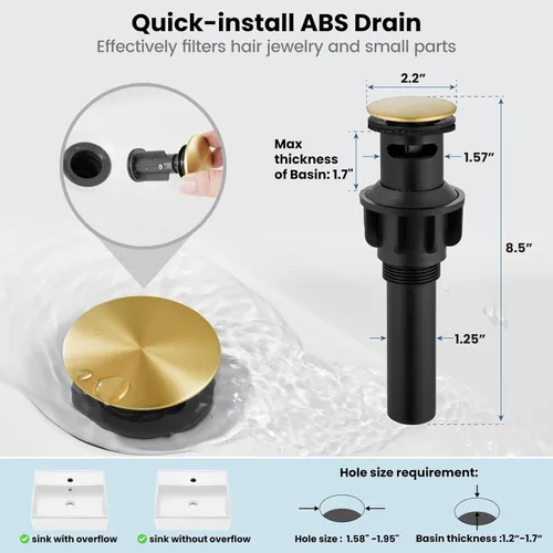 Miniatura 4 de Airuida Grifo de baño de un solo agujero, acero inoxidable giratorio de 360° con drenaje desplegable y placa de cubierta, grifo moderno de barra