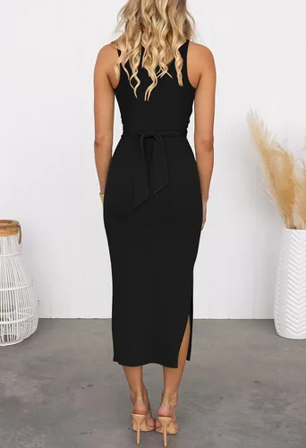 Miniatura 9 de HUUSA Vestido sexy sin mangas para mujer, ajustado, ajustado, cuello redondo, entrecruzado, fruncido, con abertura, de punto acanalado, vestido midi