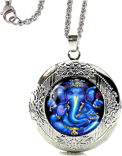 DianaL Boutique Collar con colgante de medallón de Lord Ganesh Ganesha en tono plateado con cadena de acero inoxidable de 24 pulgadas, Metal