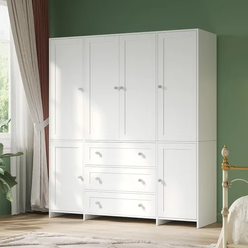 Miniatura 10 de VOWNER Armario de clóset con cajones y espejo, gabinete de almacenamiento de ropa de 71" con barra para colgar, armario de clóset de madera de 6