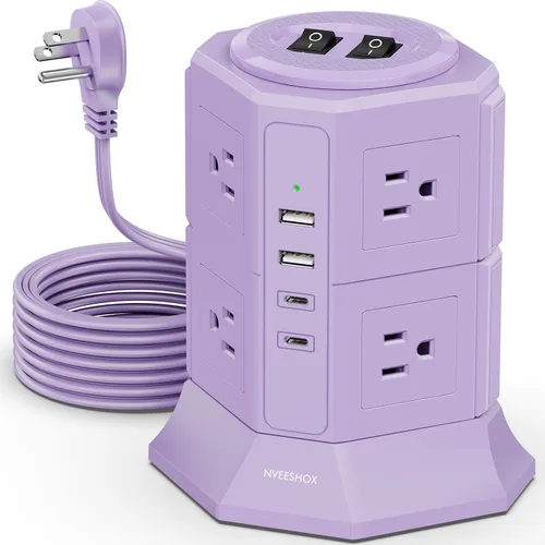 Miniatura 15 de Regleta de Protección contra Sobretensiones Torre Enchufe Plano con 12 Tomas de CA 3 Puertos USB (2 Tipo C), Cable de Extensión Ultra Plano de 6.5