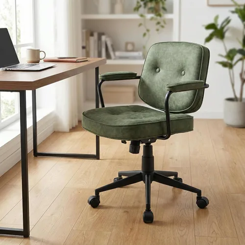 Miniatura 13 de LukeAlon Silla de escritorio ajustable de piel sintética, silla giratoria de 360° negra con reposabrazos, asiento grueso, botones y ruedas