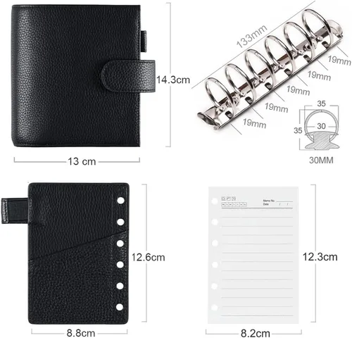 Miniatura 6 de Moterm Planificador de Anillos de Lujo de Bolsillo - Organizador de Carpeta de Cuero Genuino (Pebble-Negro, Argolla de 1.18 pulgadas (30 mm))