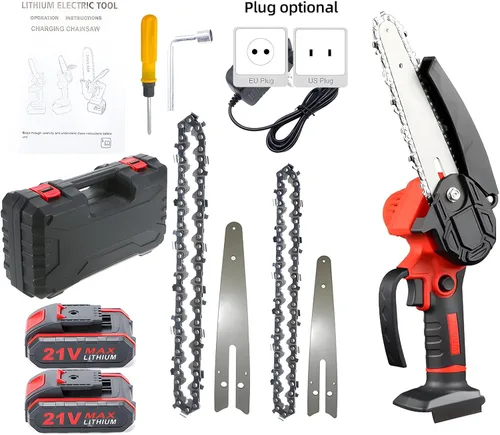 Miniatura 9 de Mini motosierra eléctrica portátil de 4 pulgadas y 6 pulgadas inalámbrica con 2 cadenas, 2 baterías, tijeras de podar de mano para ramas de árboles