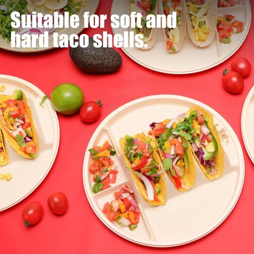 Miniatura 6 de LUVCOSY Platos desechables grandes de 10 pulgadas, 3 tacos y 4 lados, soporte biodegradable para tacos de almidón de maíz, tortilla suave y dura