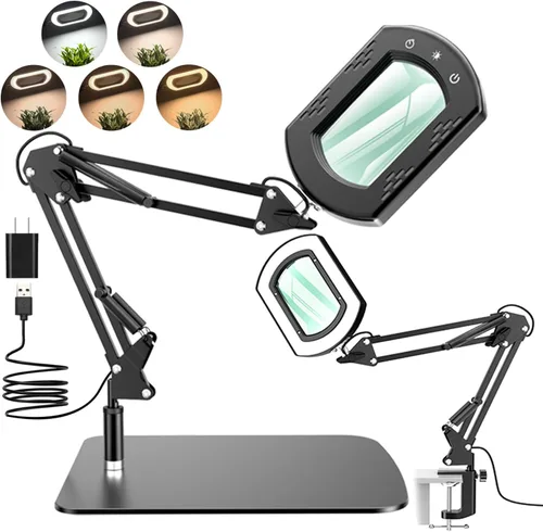 Miniatura 8 de Lupa de 15X 30X con luz y soporte, lámpara de escritorio LED con base y abrazadera, 5 modos de color, 10 niveles regulables, lupa manos libres
