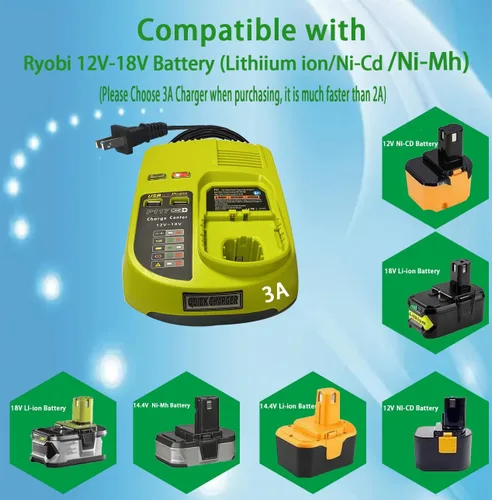 Miniatura 4 de Reemplaza el cargador de batería de 18 V ryobi P117 P118 P119 Química dual para cargar la batería Ryobi de iones de litio y Ni-cad Ni-Mh 12V 14.4V