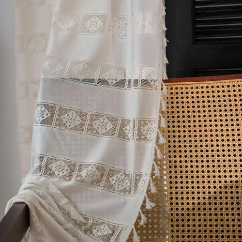 Miniatura 4 de vctops Panel de cortina de encaje de ganchillo de algodón con borlas y bolsillo para barra, cortinas huecas semitransparentes para dormitorio, sala