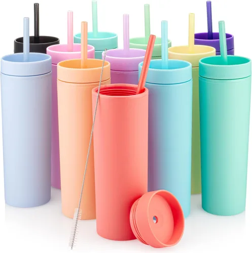 STRATA CUPS Vasos delgados multicolor con tapas y popotes (paquete de 12) - Vaso acrílico de doble pared de 16 onzas, vasos delgados mate altos, a