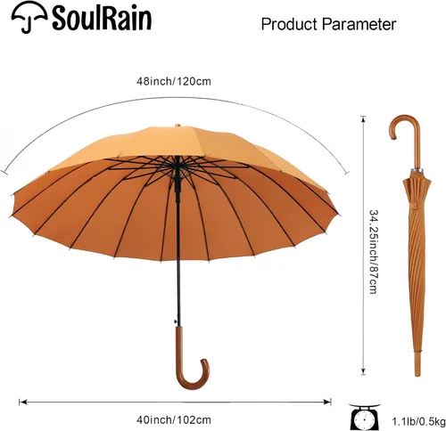 Miniatura 4 de SoulRain Paraguas de palo de 16 varillas de 48 pulgadas, apertura automática, color sólido, moderno y simple, mango de madera clásico de arco