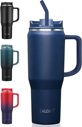Miniatura 22 de EALGRO Botella de agua aislada de 40 onzas con popote y asa, frasco de agua deportivo de metal grande, taza de café de viaje de acero inoxidable
