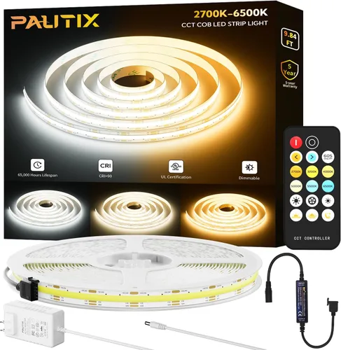 Miniatura 13 de PAUTIX COB Tira de Luz LED Blanca CCT Ajustable 3200LEDs, CRI90+ 16.4ft/5m Regulable 2700K-6500K 24V Cinta de Luz LED, para Bajo Gabinete Dormitorio