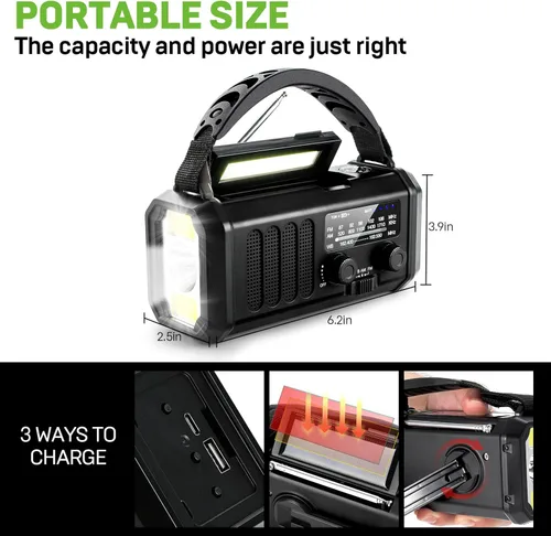 Miniatura 7 de Radio de emergencia con manivela de 10000 mAh, radio meteorológica NOAA con radio AM/FM y solar, batería recargable, linterna y luz de lectura