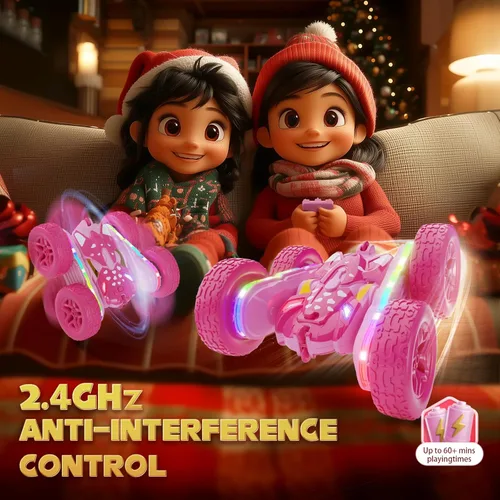 Miniatura 3 de Terucle - Automóvil de control remoto para niñas, autos RC rosas, vehículo de acrobacias RC para niñas, juguetes de doble cara de 360° giratorio