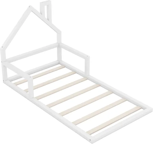 Miniatura 6 de Harper & Bright Designs Cama de suelo de tamaño individual con cabecera en forma de casa, marco Montessori, cama de plataforma para niños, Blanco