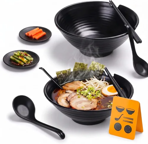 Juego de 2 tazones de ramen irrompible estilo japonés, 37 onzas, grandes cuencos y cucharas de melamina mate con palillos y platillos para fideos de