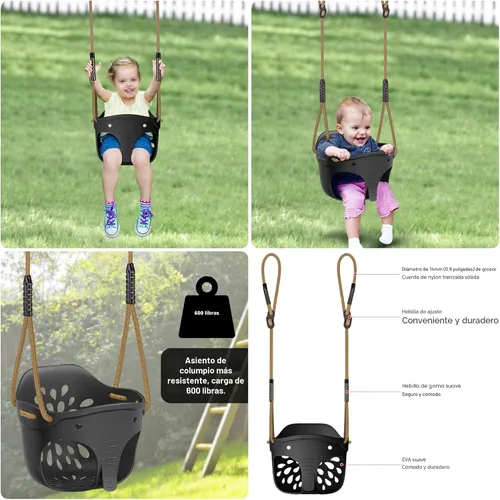 Miniatura 5 de SELEWARE Asiento de columpio para niños pequeños con respaldo alto de cubeta completa de servicio pesado con mosquetones de bloqueo y cuerda