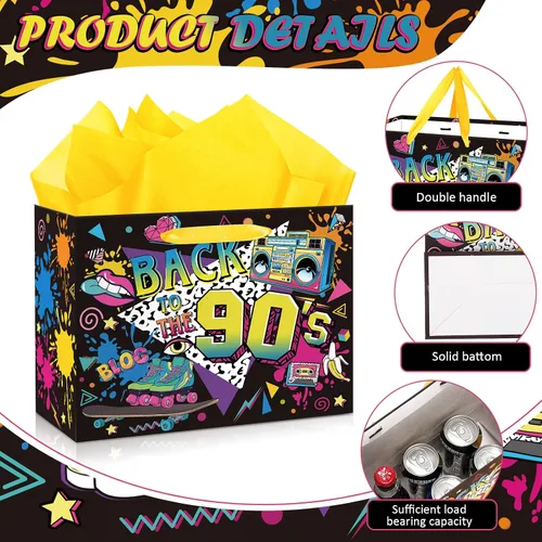 Miniatura 7 de Bolsa de regalo de cumpleaños de los años 90 para hombres y mujeres, bolsas de recuerdos de fiesta temática retro de los años 90 con papel de seda