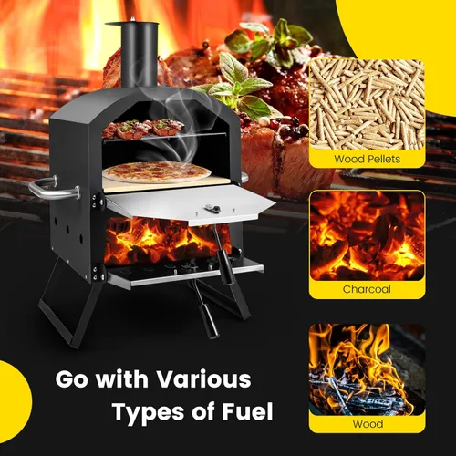 Miniatura 4 de Giantex Horno de Pizza al Aire Libre de Leña, Fabricante de Pizza de 2 Capas con Piedra para Pizza de 12 Pulgadas, Pala para Pizza, Rejilla