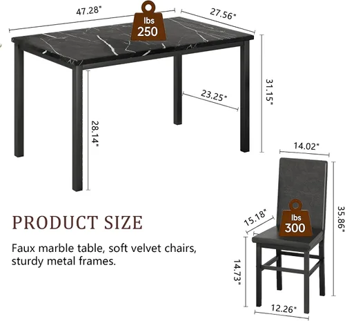 Miniatura 2 de Juego de mesa de comedor para 4, juego de comedor de mármol sintético de 5 piezas, 4 sillas tapizadas de poliuretano, muebles de mesa de cocina