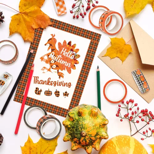 Miniatura 6 de Whaline 12 rollos de cintas Washi a cuadros de otoño, búfalo colorido, calabaza, camión, hojas de arce, patrón de gnomo, cinta adhesiva decorativa