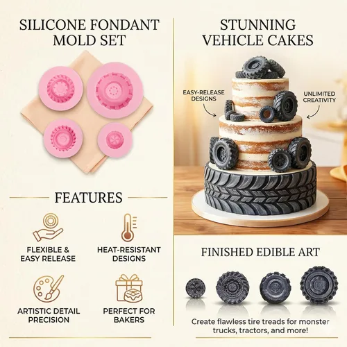 Miniatura 2 de Molde redondo 3D para fondant para neumáticos, moldes de silicona para rueda de camión, 4 piezas, para decoración de pasteles, proceso de azúcar